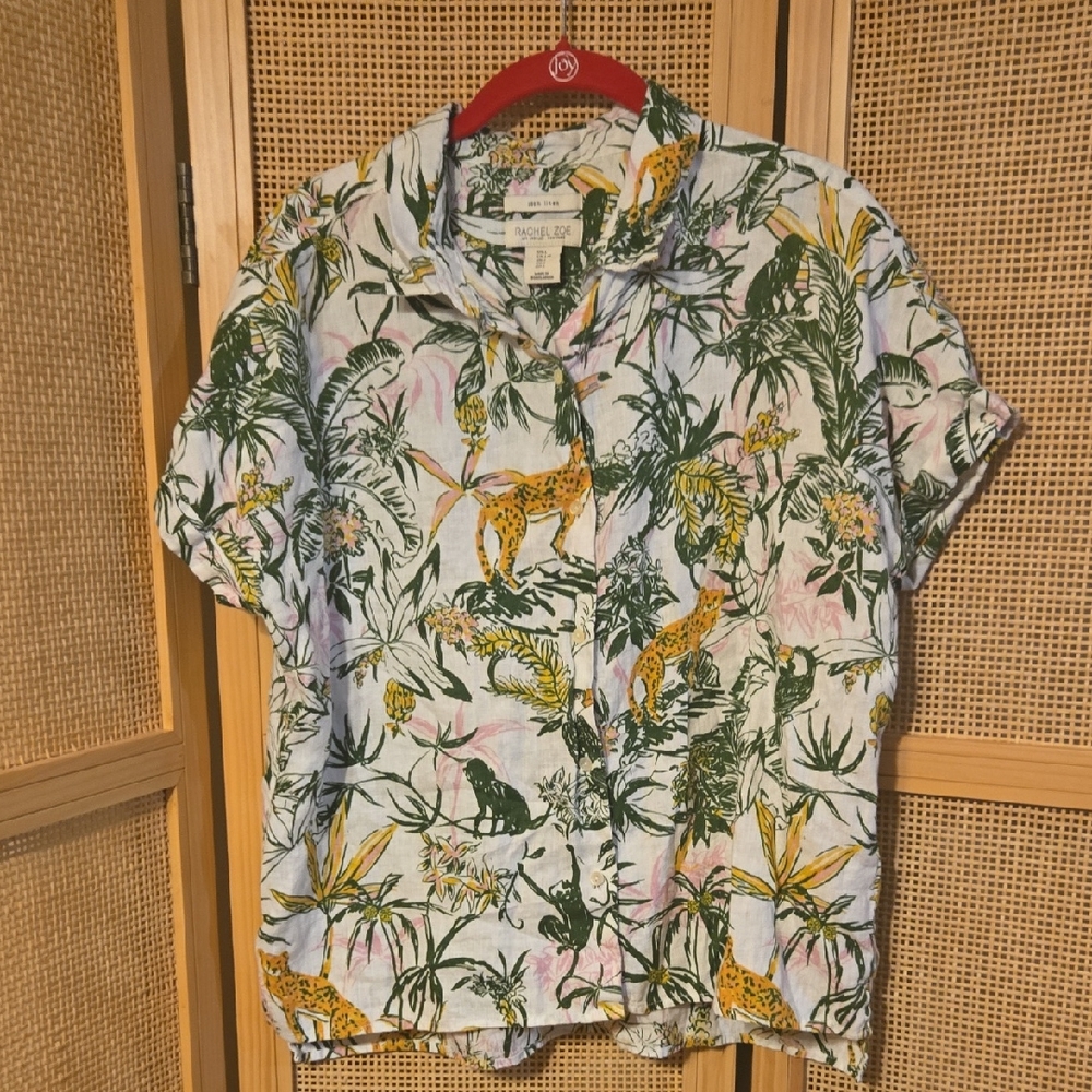 Rachel Zoe Large Blouse Top Tropical Print Short Sleeve Shirt Leopard 100%linen